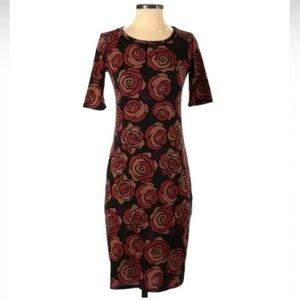 LuLaRoe | Women’s Black/Orange Graphic Floral Julia 1/2 Sleeve Sheath Dress Sz L